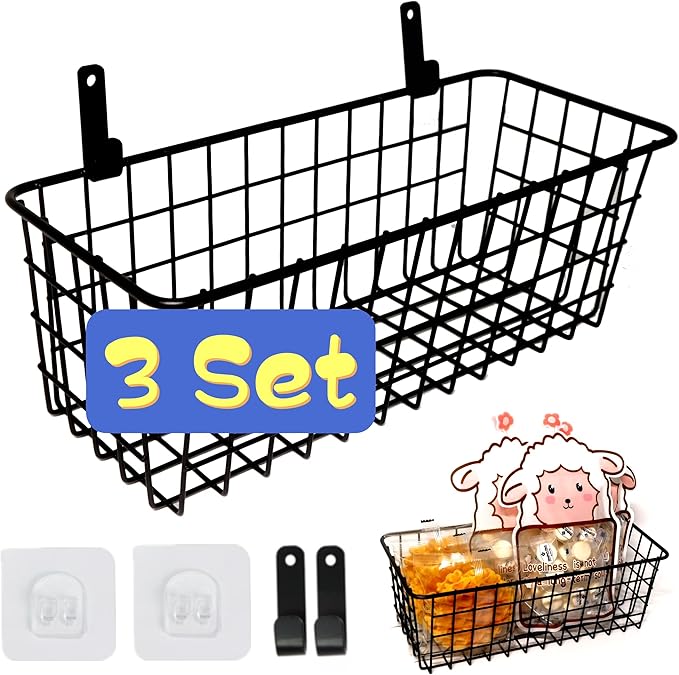 Joben Oligey 3 Set Hanging Wire Baskets ,Wall Mount Fruit Basket,No Drilling,Adhesive Small Metal Basket,Farmhouse Food Stora