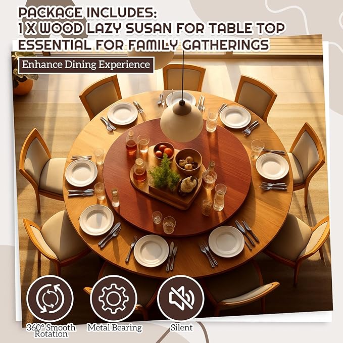 28" Walnut Wood Lazy Susan for Table Top, Large Turntable Rotating Serving Tray for Counter Top Solid Wooden Round Lazy Susan