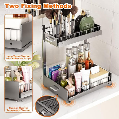 Under Sink Organizer,2 Tier Slide Out Kitchen Cabinet Organizers with Pulley,Under Bathroom Sink Pull Out Organizer with Mult