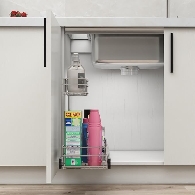 Under Sink Organizer 9" W X17 D, Pull Out Cabinet Organizer 2 Tier, Under Sink Slide Out Chrome Plated, Under Kitchen Bathroo