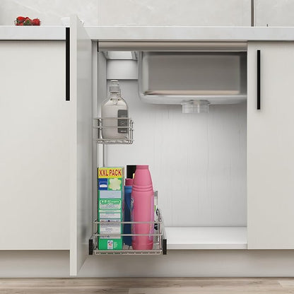 Under Sink Organizer 9" W X17 D, Pull Out Cabinet Organizer 2 Tier, Under Sink Slide Out Chrome Plated, Under Kitchen Bathroo