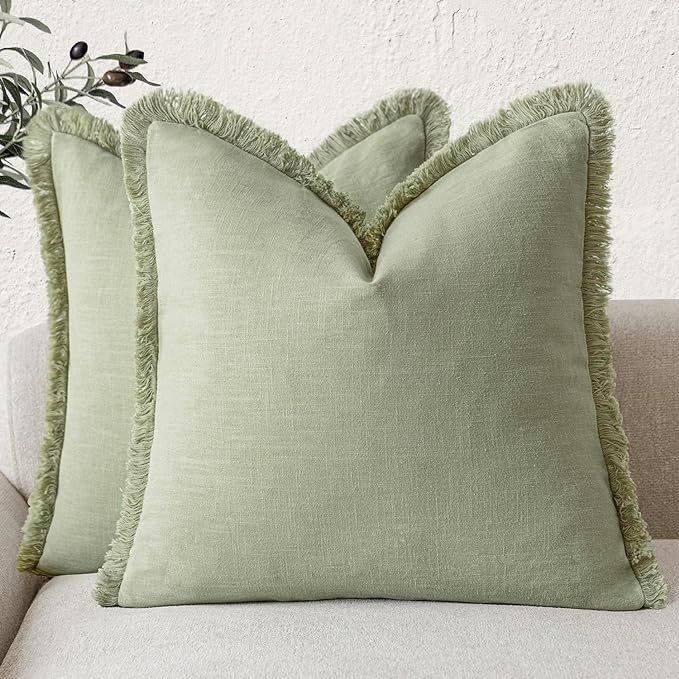 Foindtower Set of 2 Decorative Linen Fringe Throw Pillow Covers Cozy Boho Farmhouse Cushion Cover with Tassels Accent Pillowc