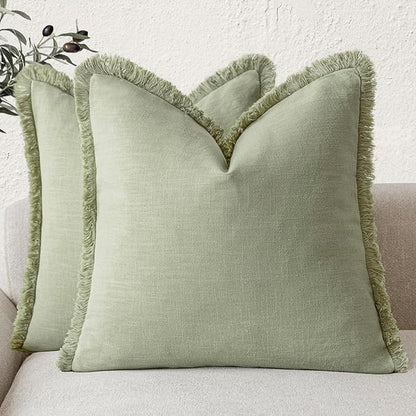 Foindtower Set of 2 Decorative Linen Fringe Throw Pillow Covers Boho Farmhouse Cushion Cover with Tassels Soft Accent Pillowc