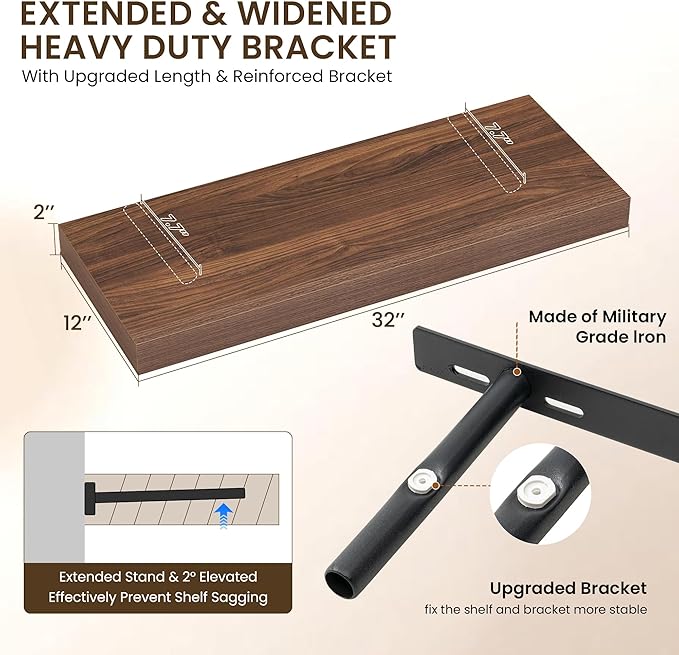 Dreamland 32" Floating Shelves for Wall, 12" Deep Thicker Walnut Floating Shelves, Wall-Mounted Shelves for Bedroom, Living R