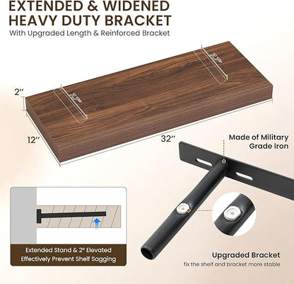 Dreamland 32" Floating Shelves for Wall, 12" Deep Thicker Walnut Floating Shelves, Wall-Mounted Shelves for Bedroom, Living R
