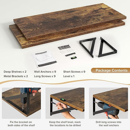 Deep Floating Shelves Wall Mounted, 30"x12" Brown Wood Shelves with Brackets Set of 2 for Bedroom, Living Room, Bathroom, Kit