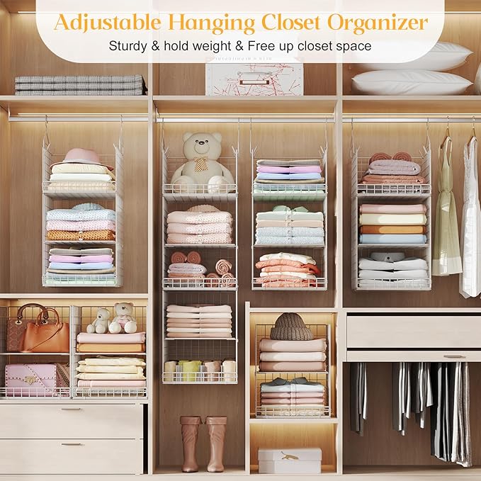 Yuyetuyo ﻿5 Tier Hanging Closet Organizer Separable Hanging Closet Shelves with 4 Hooks 2 Adjustable Dividers, Wire Storage B