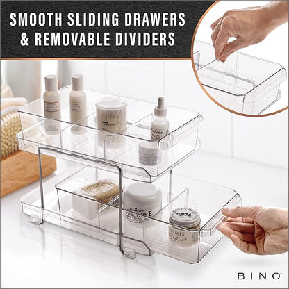 BINO 2 Tier Clear Storage Organizer with Dividers | Slide Out Drawer for Under Sink or Medicine Cabinet | Bathroom Closet, Va