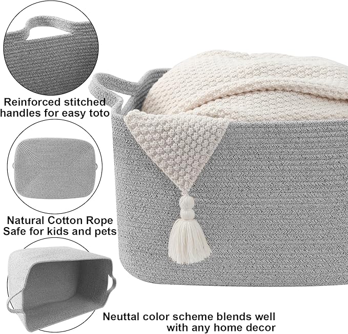 65L Large Blanket Basket,21"x16"x12" Rectangle Storage Bin with Handles,Woven Rope Laundry Basket for Toys, Clothes,Pillows,M