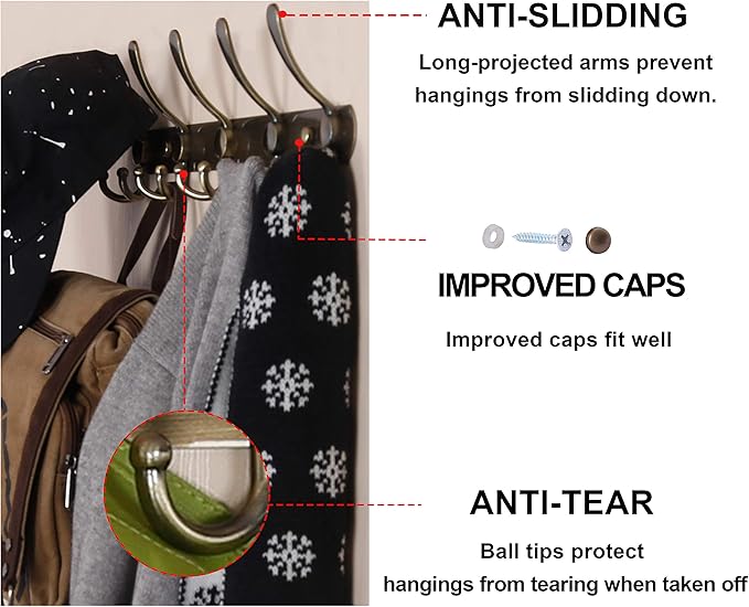 Dseap Coat Rack Wall Mounted - 5 Tri Hooks, Heavy Duty, Stainless Steel, Metal Coat Hook Rail for Coat Hat Towel Purse Robes 