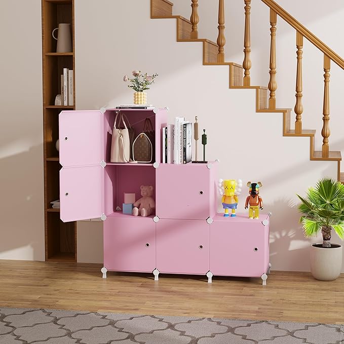 Cube Storage Organizer, 6-Cube Shelves Unit with Doors, DIY Stackable Plastic Clothes Organizer for Bedroom and Under Stairs 