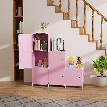 Cube Storage Organizer, 6-Cube Shelves Unit with Doors, DIY Stackable Plastic Clothes Organizer for Bedroom and Under Stairs 