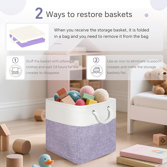 FinishingBo Large 11x11 Inch Cube Storage Bins with Cotton Handles for Closet, Shelves, Clothes, Towel (White/Purple-6 Pack)