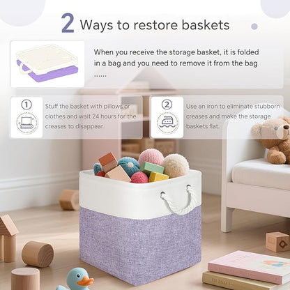 FinishingBo Large 11x11 Inch Cube Storage Bins with Cotton Handles for Closet, Shelves, Clothes, Towel (White/Purple-6 Pack)