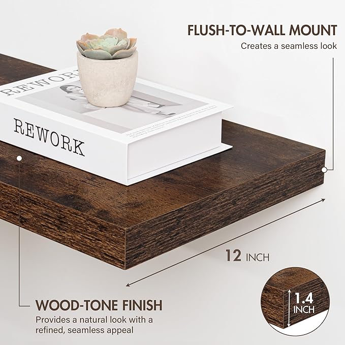 12 Inch Floating Shelves, 12" Deep Floating Shelf Wall Mounted, 12" Wall Shelves, Rustic Deep Bookshelf, Extra Deeper Display