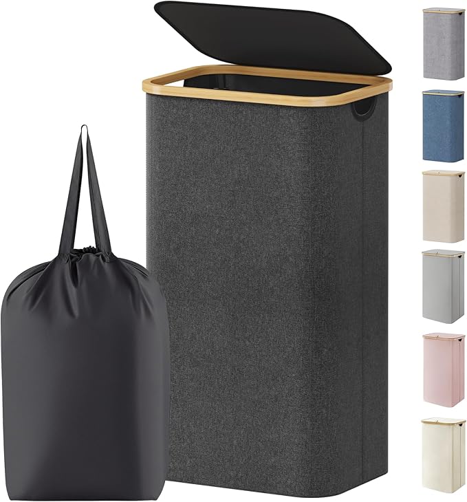 Lifewit 100L Laundry Basket with Lid, Clothes Hampers for Laundry with Bamboo Handles and 1 Removable Bag, Large Foldable Lau