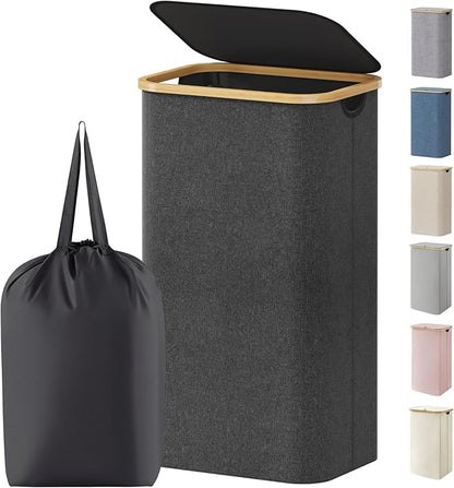 Lifewit 100L Laundry Basket with Lid, Clothes Hampers for Laundry with Bamboo Handles and 1 Removable Bag, Large Foldable Lau