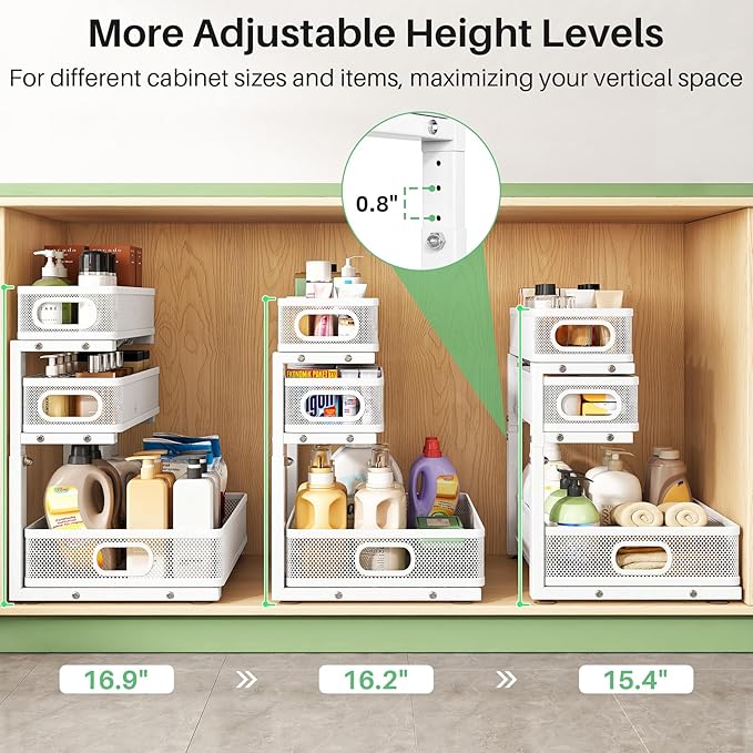 Kitstorack Under Sink Organizer, 2-Pack 3-Tier Height Adjustable Thickened Metal Pull out Cabinet Organizer Shelf, Slide out 