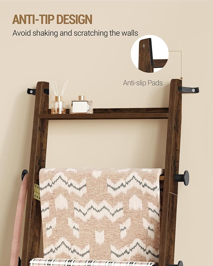 Hzuaneri Blanket Ladder for Living Room, Decorative Quilt Rack with 4 Removable Hooks, 6-Tier Blanket Ladder Shelf for Bedroo