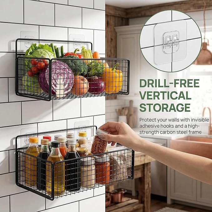 2 Set Hanging Wire Fruit Basket with Adhesive Hooks, Hanging fruit baskets, No Drilling Adhesive Basket, for Home Kitchen Pan