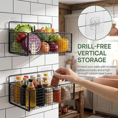 2 Set Hanging Wire Fruit Basket with Adhesive Hooks, Hanging fruit baskets, No Drilling Adhesive Basket, for Home Kitchen Pan