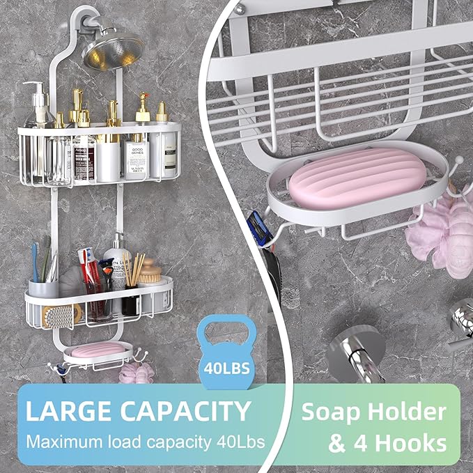 Kadolina White Hanging Shower Caddy, 3-Tier Bathroom Organizer with Soap Dish, Rust Resistant, Quick Dry, Assembly Required
