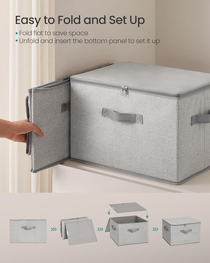 SONGMICS Foldable Storage Organizer Boxes, Set of 3 Storage Basket Bins with Lids, Handles, Clothes Organizer, 15.7 x 11.8 x 
