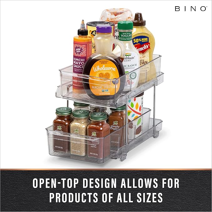BINO 2 Tier Clear Storage Organizer with Dividers | Slide Out Drawer for Under Sink or Medicine Cabinet | Bathroom Closet, Va