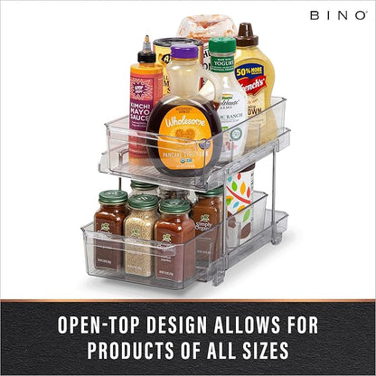 BINO 2 Tier Clear Storage Organizer with Dividers | Slide Out Drawer for Under Sink or Medicine Cabinet | Bathroom Closet, Va