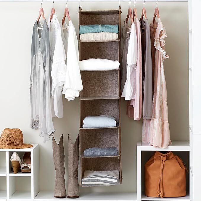 Household Essentials 6 Shelf Hanging Closet Organizer, Hanging Closet Shelf, Fabric Poly Linen and PEVA Shelving