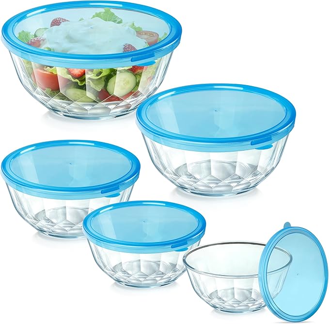 ENVTEK Thick Glass Mixing Bowls with Airtight Lids Set, 5-Piece Nesting Bowls for Baking & Meal Prep, BPA Free, Dishwasher Safe, 0.5/0.8/1.6/2.7/4.4 Quart - Blue