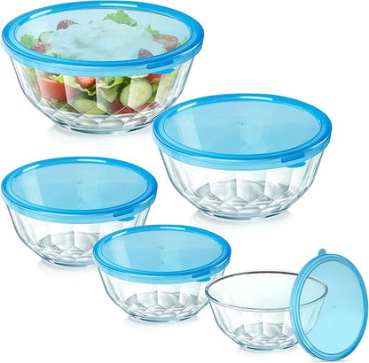 ENVTEK Thick Glass Mixing Bowls with Airtight Lids Set, 5-Piece Nesting Bowls for Baking & Meal Prep, BPA Free, Dishwasher Safe, 0.5/0.8/1.6/2.7/4.4 Quart - Blue