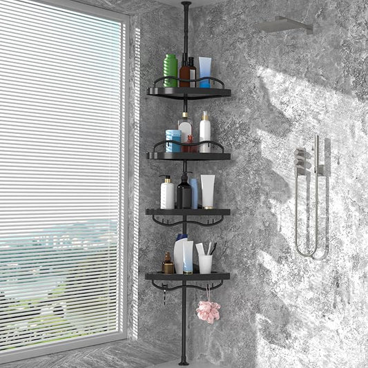 Black Corner Shower Caddy Tension Pole - Heavy Duty Rustproof Stainless Steel Shower Organizer with 4 Adjustable Shelves, No-