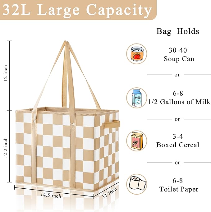 Checkered Reusable Grocery Bags Heavy Duty 3 Pack Foldable Shopping Bags with Handles for Groceries Collapsible Tote