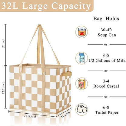 Checkered Reusable Grocery Bags Heavy Duty 3 Pack Foldable Shopping Bags with Handles for Groceries Collapsible Tote