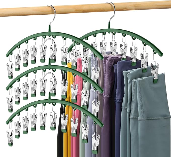 Legging Organizer for Closet, Metal Yoga Pants Hangers 4 Pack w/10 Clips Holds 40 Leggings, Space Saving Hanging Closet Organ