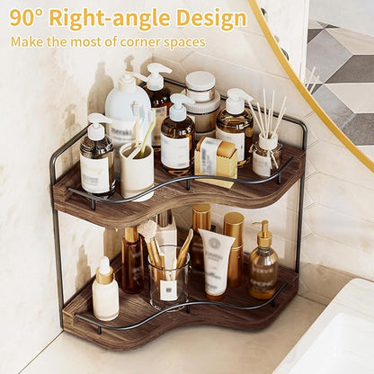 2-Tier Corner Bathroom Counter Organizer with Embedded Screw Holes, Secure & Stable Wood Vanity Shelf for Makeup and Skincare