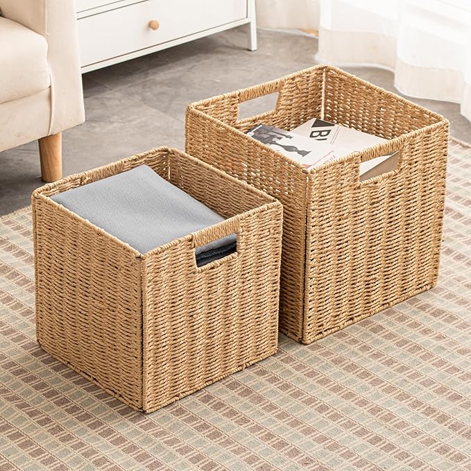 Foldable Storage Baskets with Handles Paper Rope Storage Baskets Rectangle Collapsible Hand Woven Storage Cubes Bins for Orga