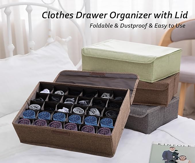 AARAINBOW 2 Packs Underwear Socks Ties Storage Organizer with Lids Foldable Closet Drawer Organizer 60 Cells, Fabric Wardrobe