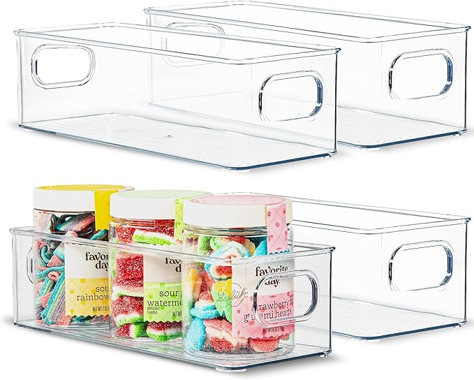 Plastic Food Storage 4 Pack Clear Container Bin with Handles for Organizing Kitchen, Pantry, Fridge, Freezer, Pantry,Bathroom