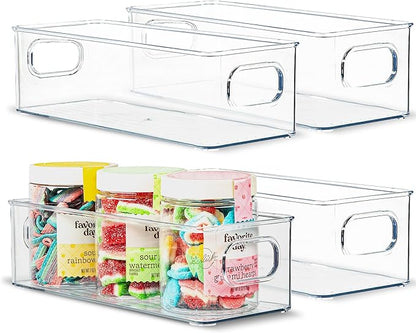 Plastic Food Storage 4 Pack Clear Container Bin with Handles for Organizing Kitchen, Pantry, Fridge, Freezer, Pantry,Bathroom