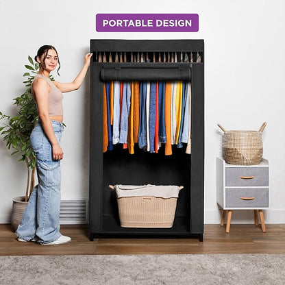 HOLDN’ STORAGE Portable Wardrobe Closet - 50 lb Capacity, Internal Heavy Duty Metal Rod, Zipper & Clear Window, Durable Cloth