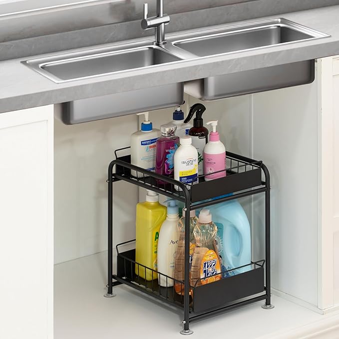 Basicwise Under Sink Organizer Sliding Wire Baskets Adjustable 2-Tier Metal Storage Rack for Bathroom Kitchen or Utility Cabi