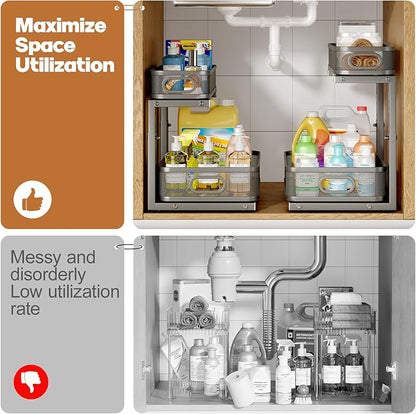 2 Pack 21.3IN-Depth Under Sink Organizer with Smooth Cylindrical Rail,2-Tier Pull Out Multi-Purpose Cabinet Storage for Bathr