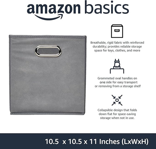 Amazon Basics Collapsible Cube Storage Bins, Space-Saving, Organizing Fabric Bins with Handles, 10.5 x 10.5 x 11 inches, Ligh