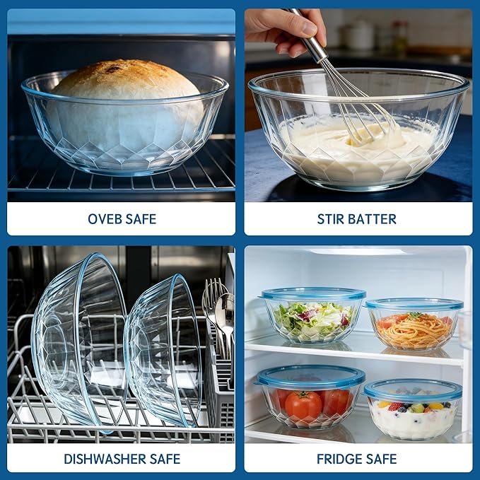 ENVTEK Thick Glass Mixing Bowls with Airtight Lids Set, 5-Piece Nesting Bowls for Baking & Meal Prep, BPA Free, Dishwasher Safe, 0.5/0.8/1.6/2.7/4.4 Quart - Blue