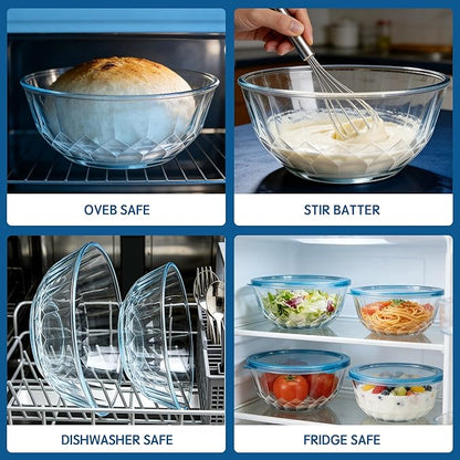 ENVTEK Thick Glass Mixing Bowls with Airtight Lids Set, 5-Piece Nesting Bowls for Baking & Meal Prep, BPA Free, Dishwasher Safe, 0.5/0.8/1.6/2.7/4.4 Quart - Blue