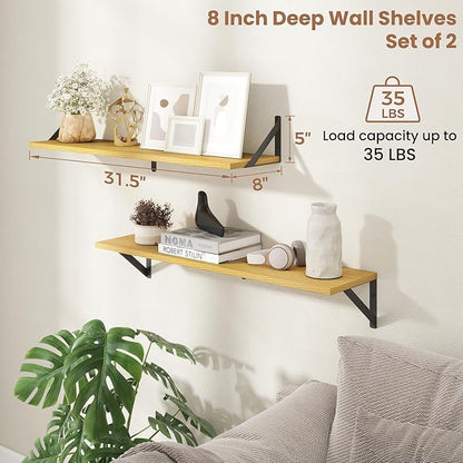 Axeman 32 Inch Floating Shelves | 8 Inch Deep Oak Wall Shelves Set of 2 | 31.5W x 8D Rustic Wood Shelves for Bookshelf Living