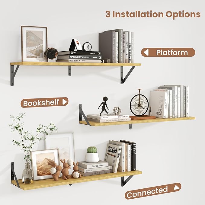 Axeman 32 Inch Floating Shelves | 8 Inch Deep Oak Wall Shelves Set of 2 | 31.5W x 8D Rustic Wood Shelves for Bookshelf Living