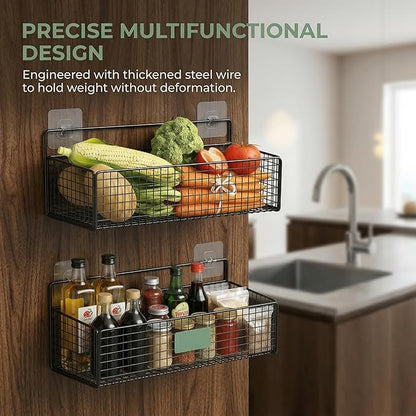 2 Set Hanging Wire Fruit Basket with Adhesive Hooks, Hanging fruit baskets, No Drilling Adhesive Basket, for Home Kitchen Pan